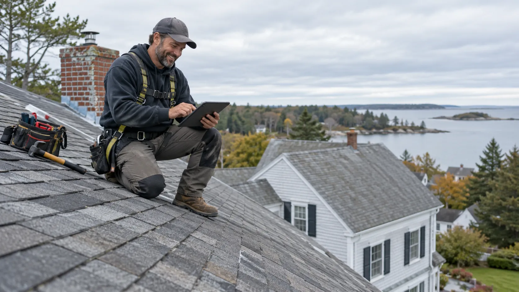 A roofing provider checking shingles on a home in the Peapack and Gladstone area