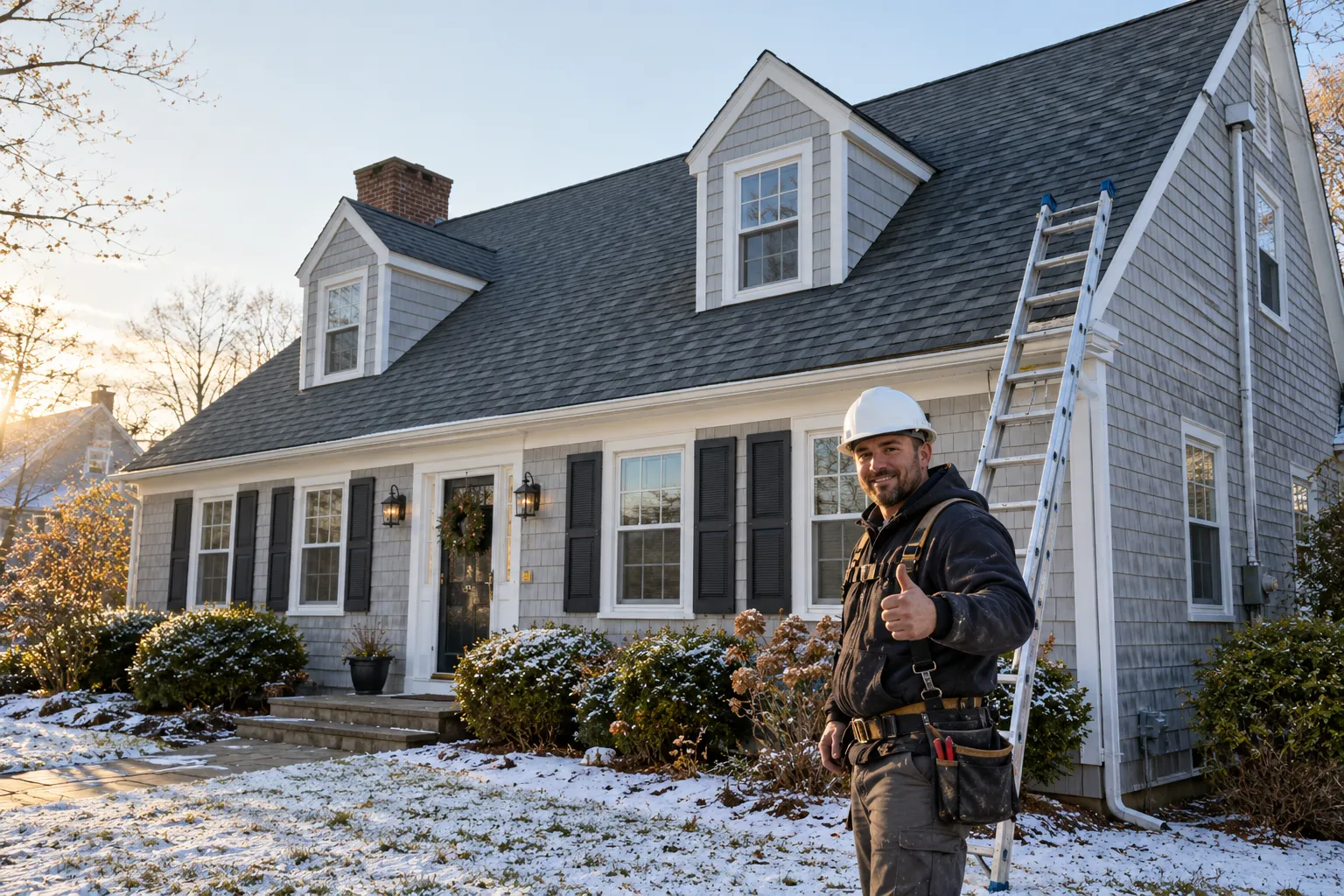 A neat home with a fresh shingle roof in Peapack and Gladstone on a clear winter morning