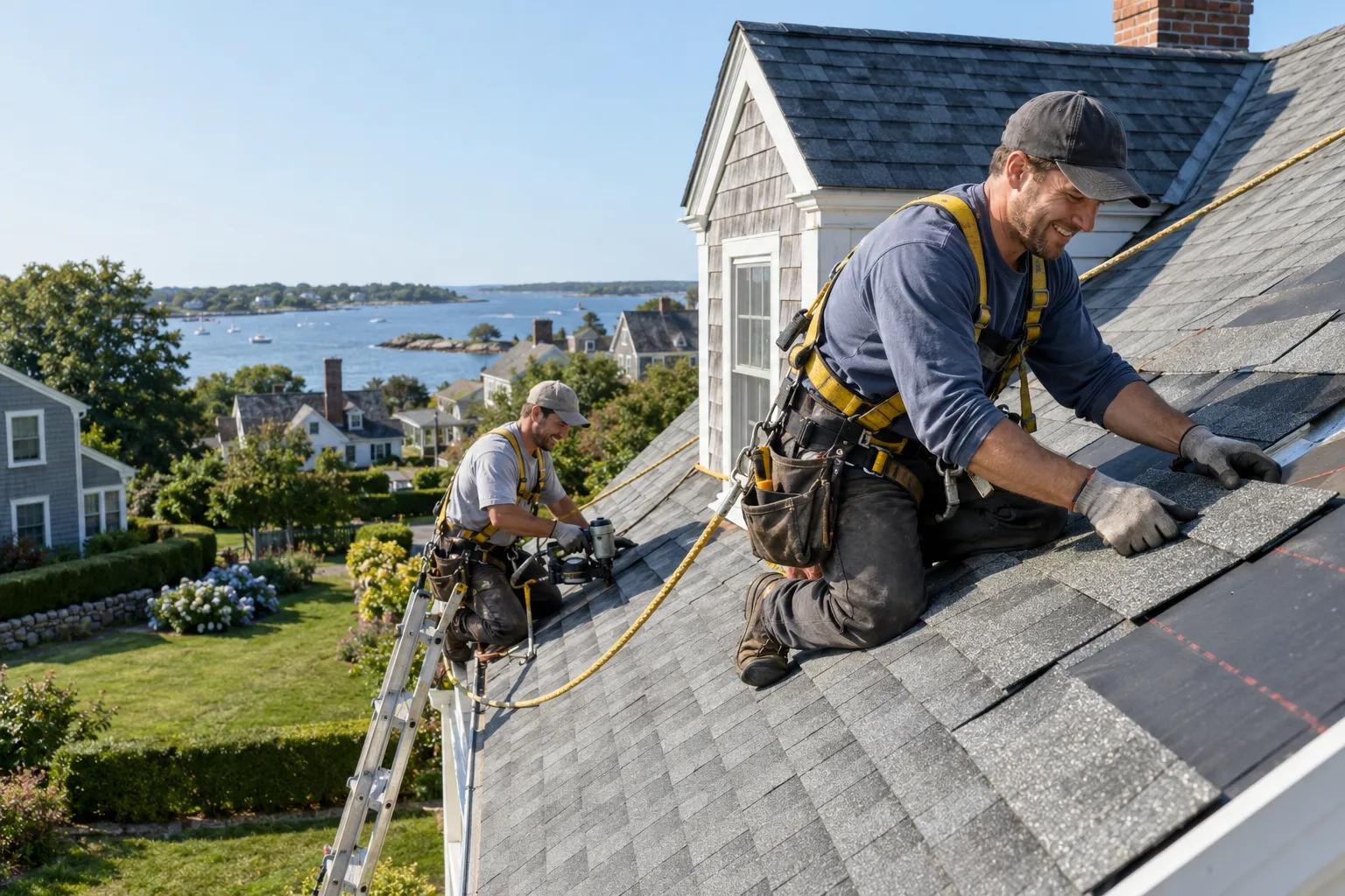 Roofing providers installing new shingles on a home in Peapack and Gladstone in the Peapack and Gladstone area
